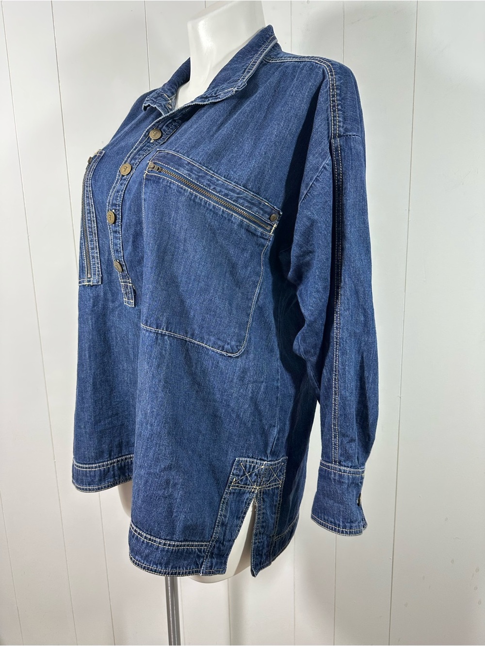 Pilcro Sz L Petite Women’s Tunic Shirt Top Blue Denim Cotton Button Half Placket - Picture 5 of 15